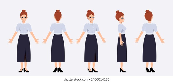 Set of Character Constructor for Animation. Smiling female teacher in stylish classic clothes. Front, side and back view of woman body. Cartoon flat vector illustrations isolated on white background