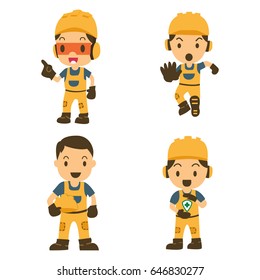 Set of Character Constructor worker in various situations. Vector illustration 