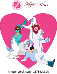 a set character COVID-19 prevention and background love. Doctor team wearing surgical face mask fighting with sign "Stop COVID-19 and Fight Virus", Idea for corona virus outbreak, prevention and aware