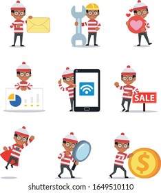 Set character of cute man in red and white striped clothes.
