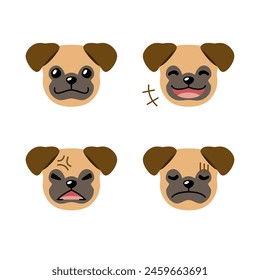 Set of character cute pug dog faces showing different emotions for design.