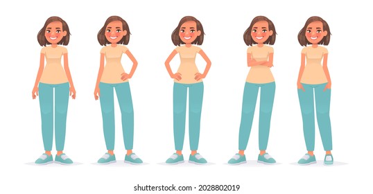 Set of character of cute woman in casual clothes in different poses. Happy girl on a white background. Vector illustration in cartoon style