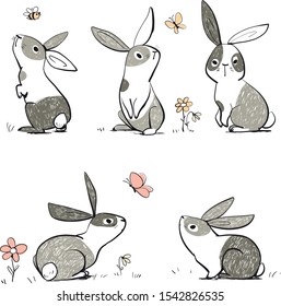 Set character design of cute rabbit. Doodle style.