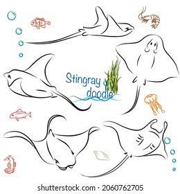 Set character design of cute Stingray doodle style. Hand drawn vector illustration.