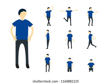 Set of character design of person with blue shirt isolated on white background.