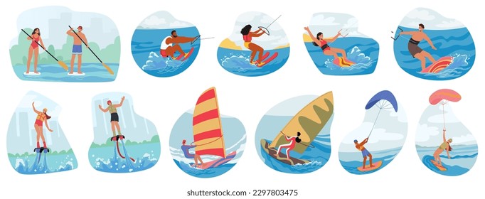 Juego de personajes dedicados a actividades náuticas Natación, Boing, Paddleboarding, Kite o Wind Surfing, Esquí Acuático, Jet Skiing, Tubing y Fly Board Recreation. Ilustración de vectores de personas de caricatura