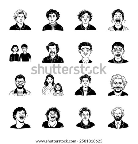 Set of Character Faces Glyph Style Icons 