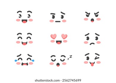 Set of character facial emotions in cute cartoon funny flat style.