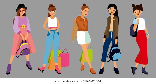 Set of character fashion style young girls, women different clothes, with bag, shoping package, backpack. Students girl in dress, pants, skirt, jacket, blouse, hat. Front view flat vector illustration