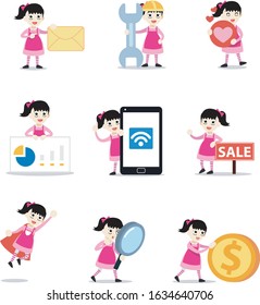 Set of character female creating a simple crafts of rag doll.