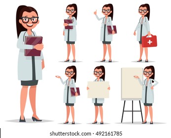 Set character female doctor in various poses. Element for medical information poster.