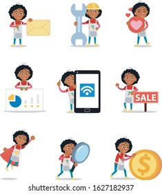 Set of character female ice cream seller selling in summer camp.