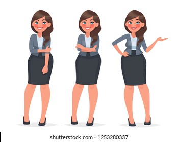 Set of character a female office employee. Beautiful woman in business clothes. Secretary in different poses. Vector illustration in cartoon style