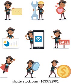 Set of character female photographer using camera. Vector illustration with coin, envelope, love, mobile