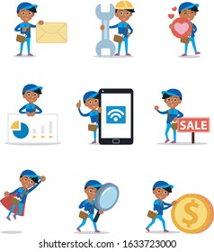 Set of character female postman riding a motorbike. Vector illustration with coin, envelope, love, mobile