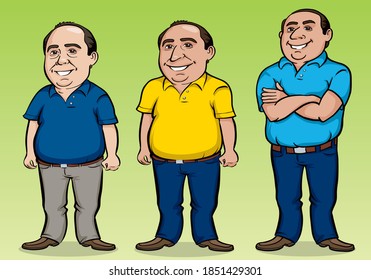 Set of character of friendly middle-aged man, bald and paunchy posing in cartoon style. Vector illustration.