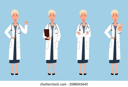 a set of character of a full-length European female doctor.