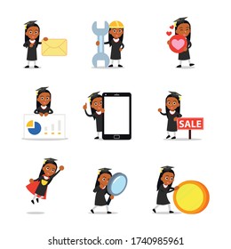 Set character of graduate woman wearing graduation gown and hat.