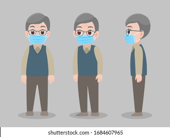 Set of Character grandfather wearing protective Medical mask for prevent virus Wuhan Covid-19.Corona virus, people wearing a surgical mask. Health care concept