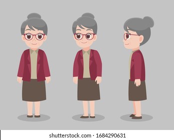 Set of Character grandmother cartoon concept character pose front side turn around for character animation flat vector design.