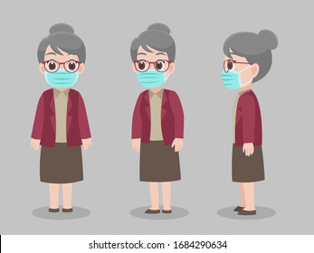 Set of Character grandmother wearing protective Medical mask for prevent virus Wuhan Covid-19.Corona virus, people wearing a surgical mask. Health care concept