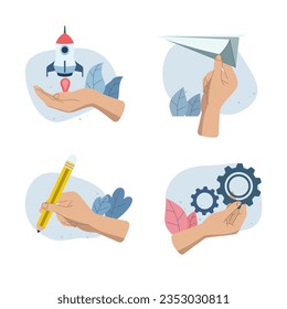 Set of Character hands holding business objects, rocket, start up, paper plane, pencil make idea, cog propulsion, Illustration ideas for web pages, ads, Vector design.