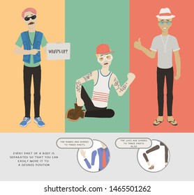 Set of character a handsome bearded man in casual clothes in different poses. Vector illustration in cartoon style