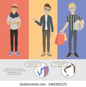 Set of character a handsome bearded man in casual clothes in different poses. Vector illustration in cartoon style