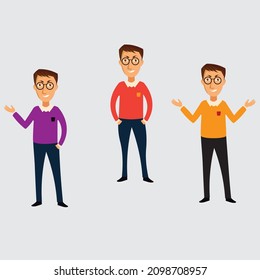 Juego de personajes un hombre apuesto con barba y ropa informal en diferentes poses. Ilustración vectorial en estilo de caricatura