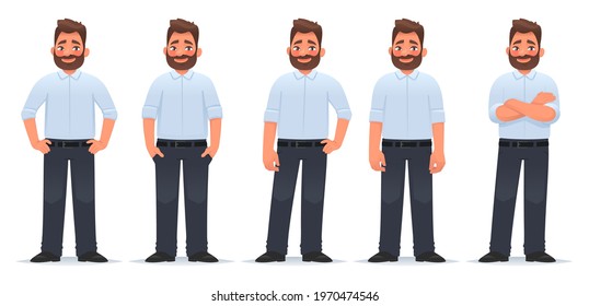 Set of character of a happy bearded man in different poses in classic clothes. Vector illustration in cartoon style