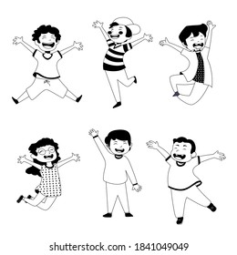set of character happy children's, colorful illustration Outline vector, comic, black and white, 