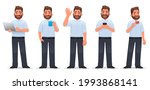 Set of character happy man. A businessman holds a laptop in his hands, a mug of tea, a smartphone, a credit card. Welcome gesture. Hello. Vector illustration in cartoon style