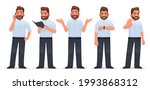 Set of character happy man. A businessman is talking on the phone, reading a book, rejoicing, looking at the time, stop gesture. Vector illustration in cartoon style