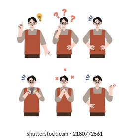 Set of character happy man. A householder man is talking on the phone, rejoicing, looking at the time, stop gesture, solve problem. have idea. Flat style. Vector illustration isolated on white.