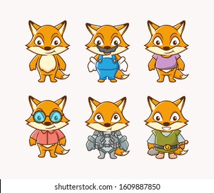 set character illustration of cute fox with different costume and facial expression. used for game character, avatar and other.