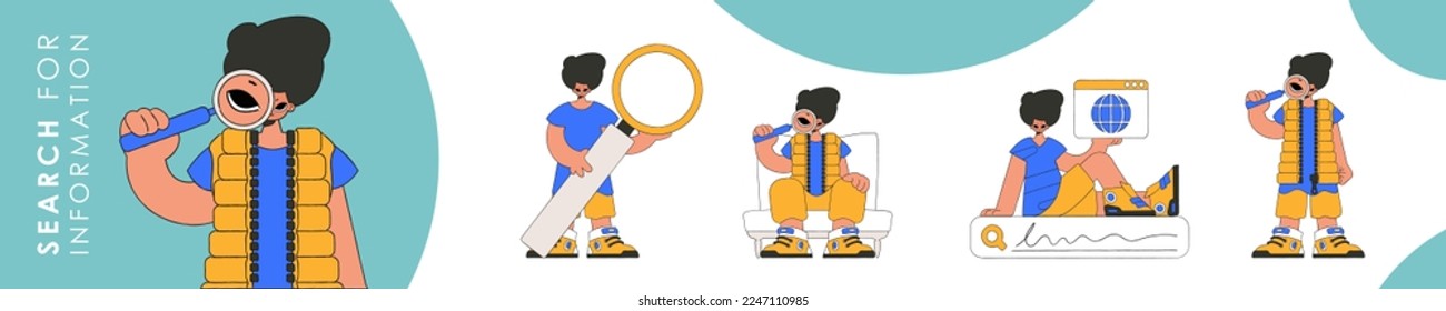 Set of character illustration for information search theme. Collection of scenes with a short guy holding a magnifying glass and looking for information. Retro style character.