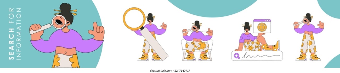 Set of character illustration for information search theme. Collection of scenes with a girl holding a magnifying glass and looking for information. Linear retro style character.
