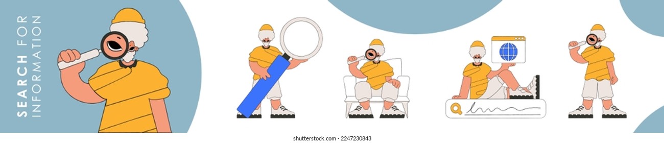 Set of character illustration for information search theme. Collection of scenes with a short guy holding a magnifying glass and looking for information. Retro style character.