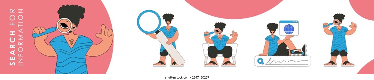 Set of character illustration for information search theme. Collection of scenes with a short guy holding a magnifying glass and looking for information. Retro style character.