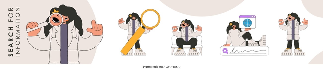 Set of character illustration for information search theme. Collection of scenes with a woman holding a magnifying glass and looking for information. Possible style.