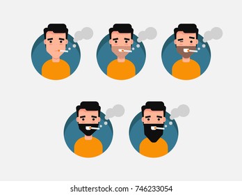 Set of Character Illustration Man with Beard Smoking Cigarette