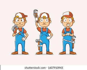 set of character illustration of plumber bring repair tool. mascot or icon of plumber with tool in his hand. use for mascot or icon and other