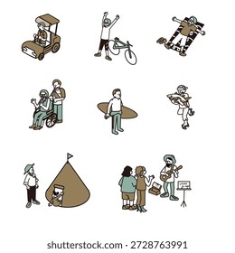 Eine Reihe von Charakterillustrationen, die verschiedene Szenen darstellen, einschließlich des Alltags und der Freizeitaktivitäten.
