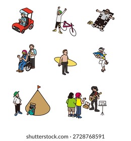 Eine Reihe von Charakterillustrationen, die verschiedene Szenen darstellen, einschließlich des Alltags und der Freizeitaktivitäten.