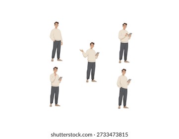 A set of character illustrations featuring a young man with brown hair, dressed in a cozy cream sweater, dark grey trousers, and tan sneakers. 