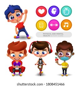 Set of character illustrations with icons of health activities