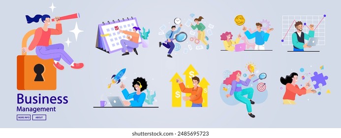 Financiar actividades comerciales. Conjunto de personas en diversas actividades de negocios en línea, puesta en marcha, gestión, desarrollo de proyectos, comunicación, medios sociales, análisis de datos. Concepto de negocio. Vector