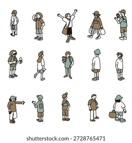 Um conjunto de ilustrações de personagens com várias expressões e movimentos que podem ser usados em cenas cotidianas.