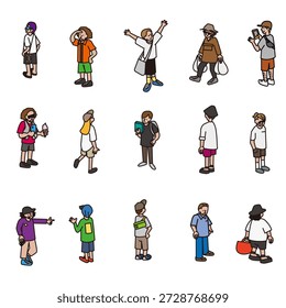 Um conjunto de ilustrações de personagens com várias expressões e movimentos que podem ser usados em cenas cotidianas.
