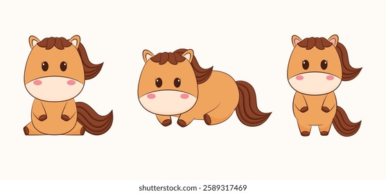 A set of character little brown horses. Vector illustration
